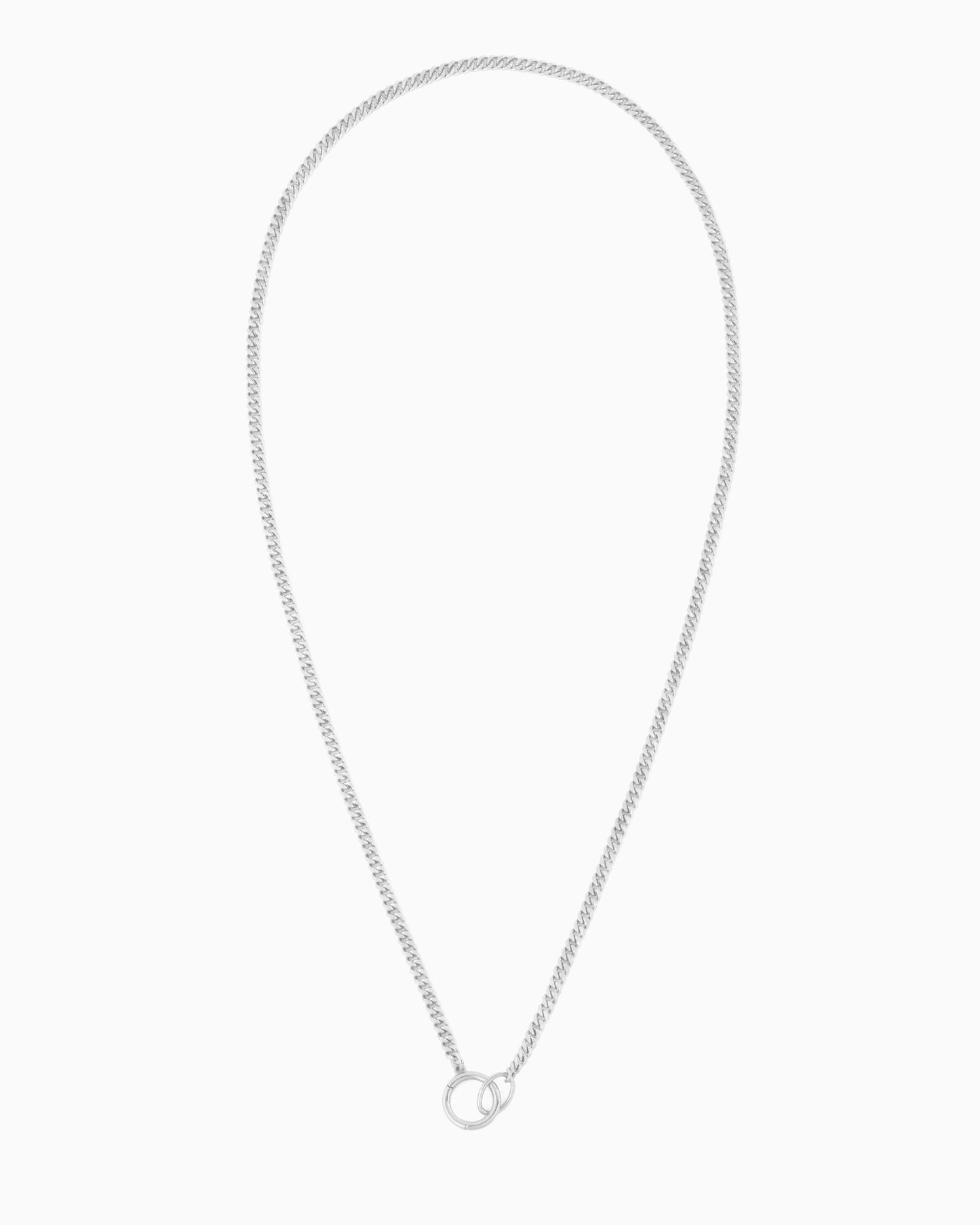 Silver curb chain necklace with a hinged charm holder, designed to be worn alone or customized with ZoHaYo Clip-On Charms.