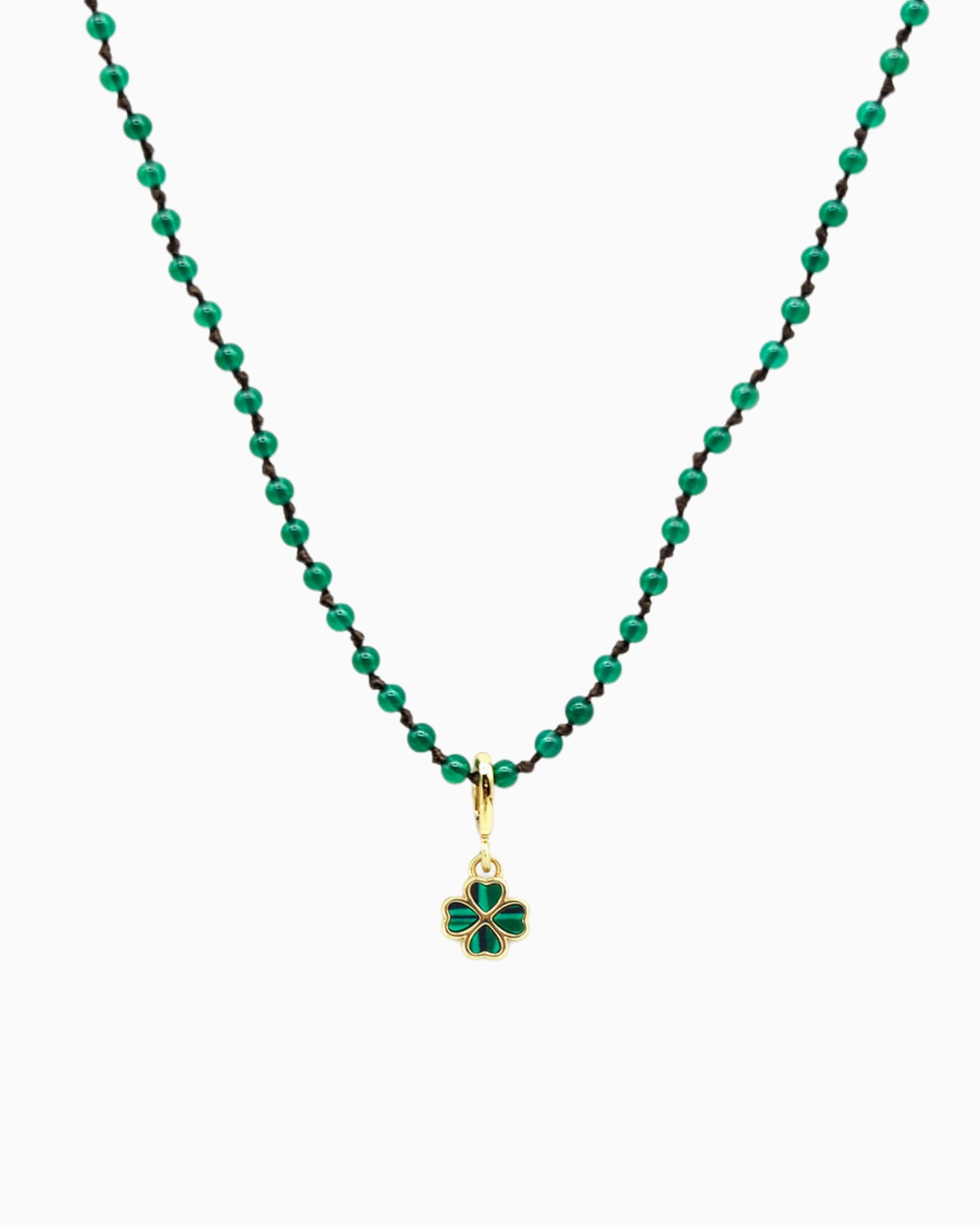 GREEN AGATE BEADED NECKLACE WITH CLOVER CLIP-ON CHARM