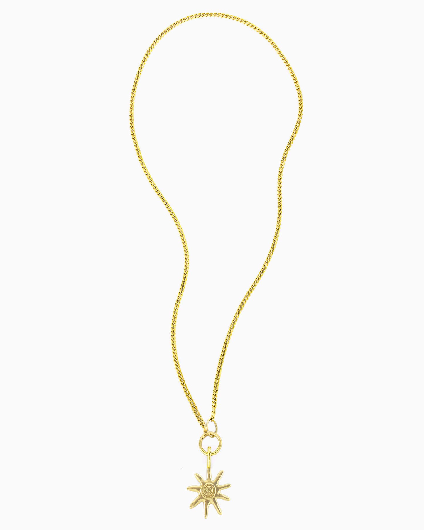 Gold curb chain necklace featuring a hinged charm holder and removable Sunray Clip-On Charm.