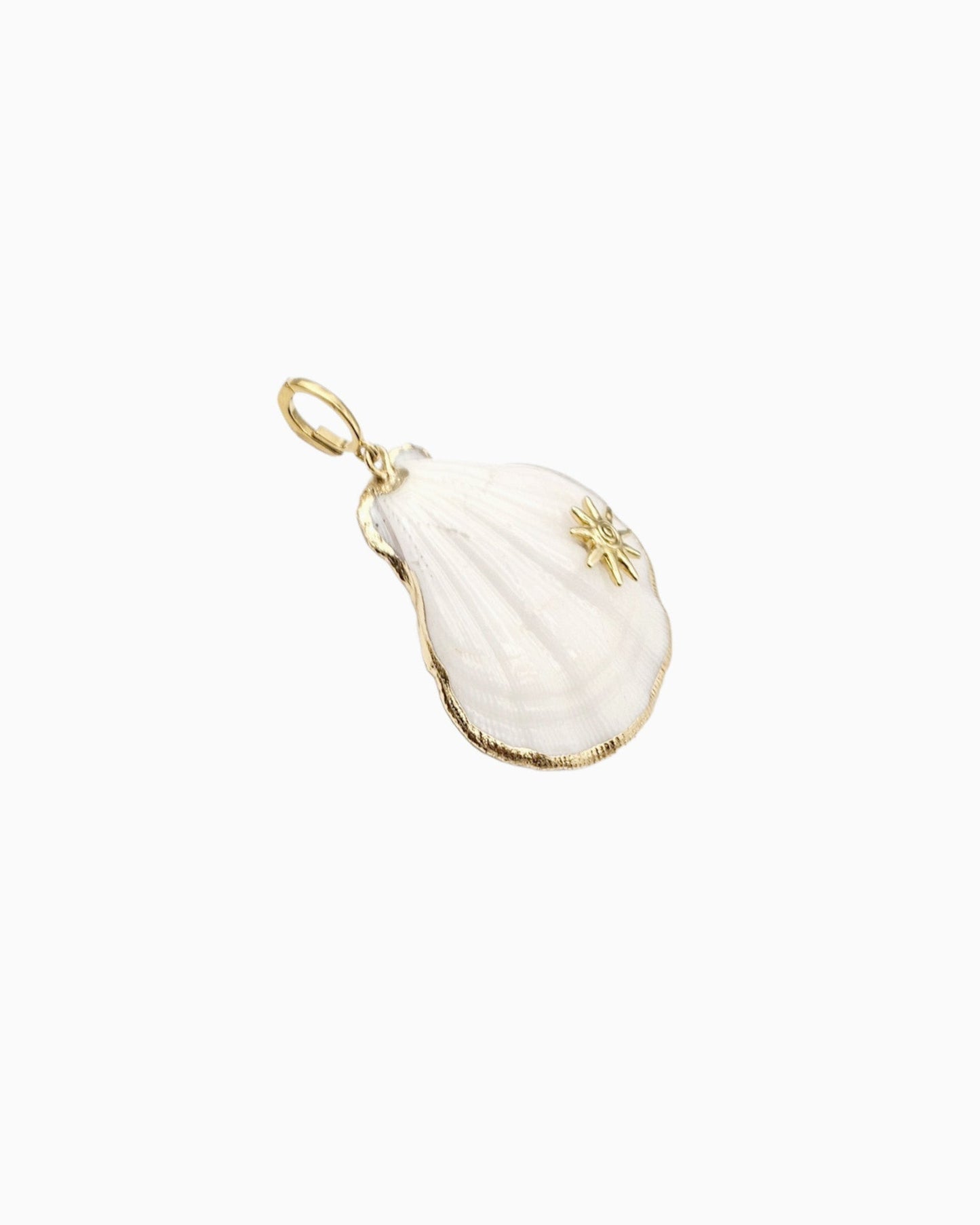 Scallop Shell & Sunray Clip-On Charm featuring a genuine scallop shell and sun motif with gold trim