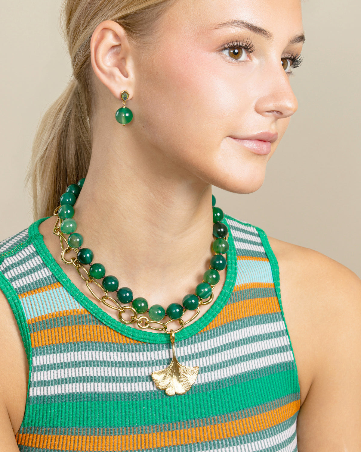 GEMSTONE BEAD NECKLACE-Green Agate