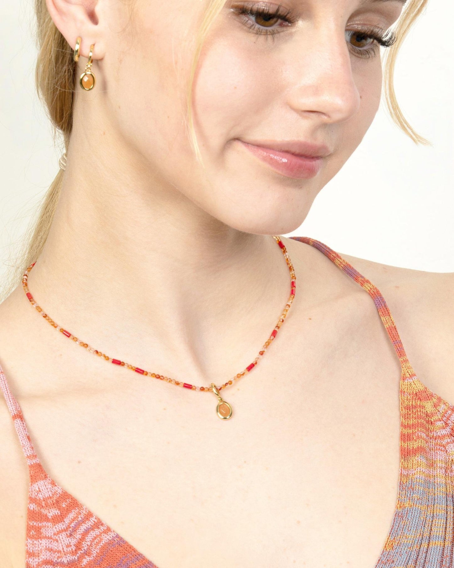 GEMSTONE DROP HUGGIE EARRINGS-Red Aventurine