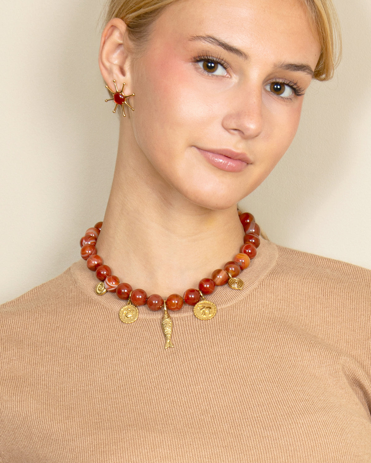 GEMSTONE SUN EARRINGS-Red Agate