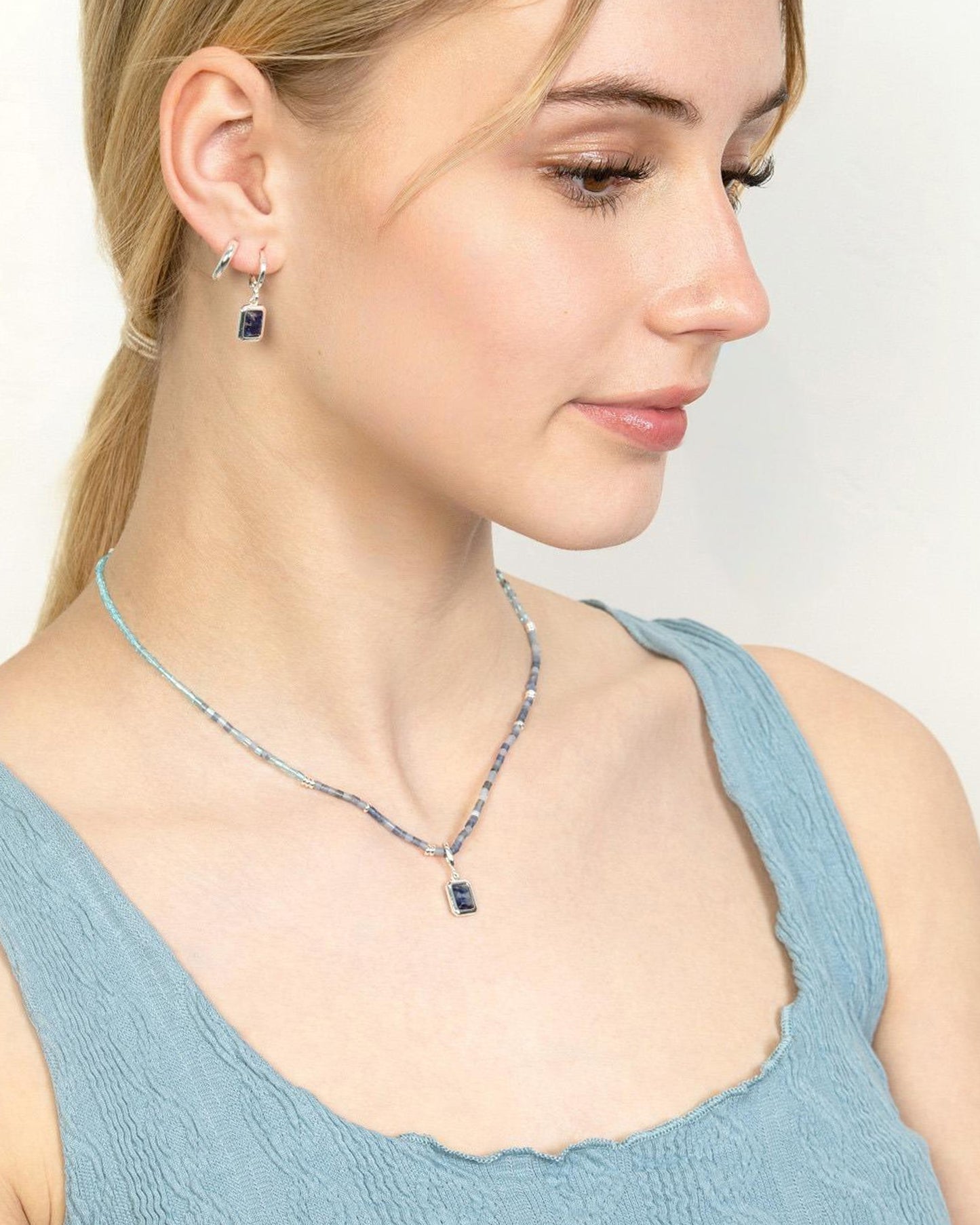 GEMSTONE DROP HUGGIE EARRINGS-Sodalite