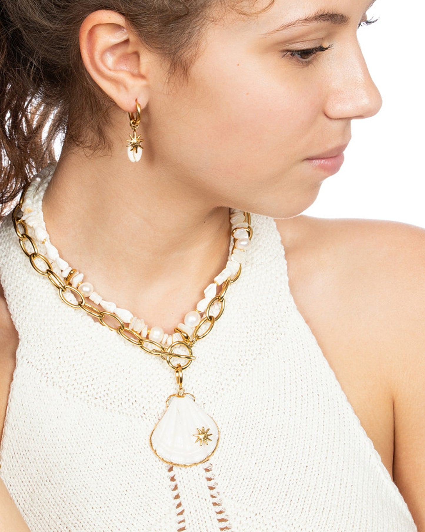 SUNRAY & COWRIE HUGGIE EARRINGS