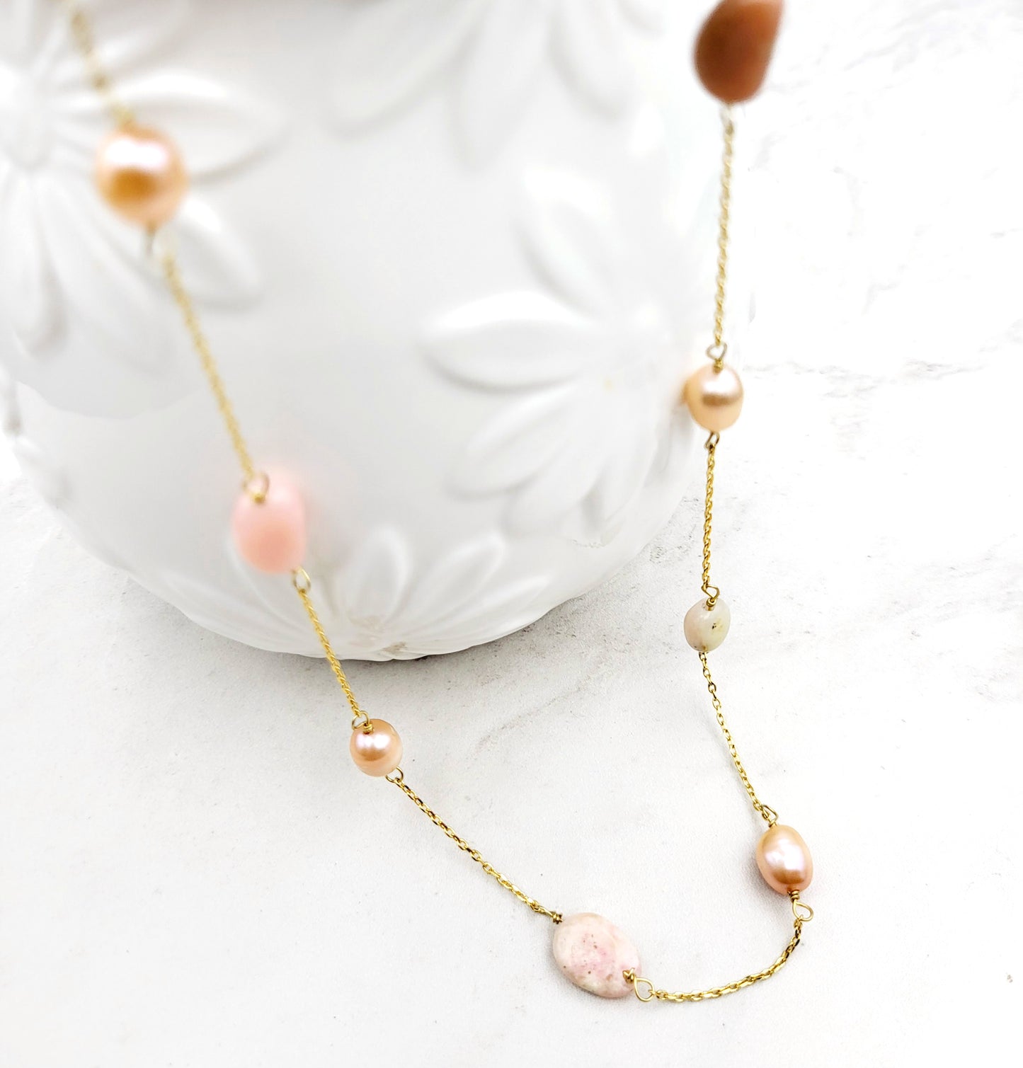 LONG PINK OPAL & PEARL NECKLACE