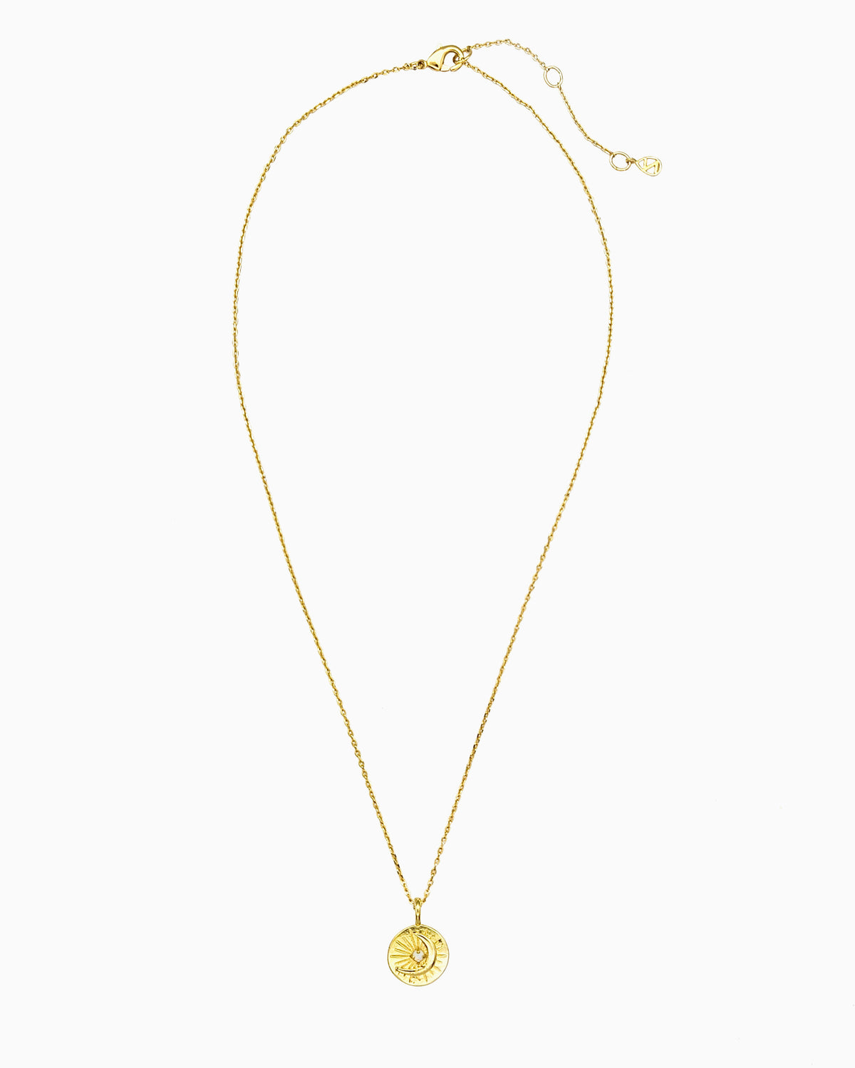 Celestial coin necklace with starburst and moon motif in gold finish