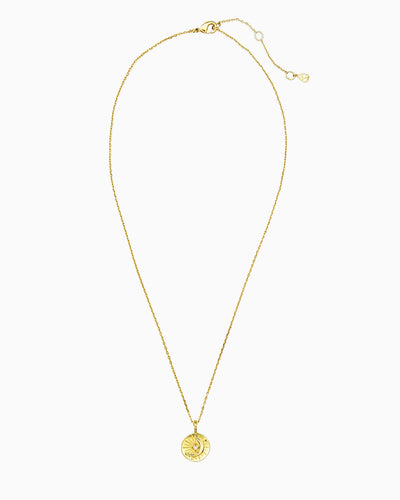 Celestial coin necklace with starburst and moon motif in gold finish