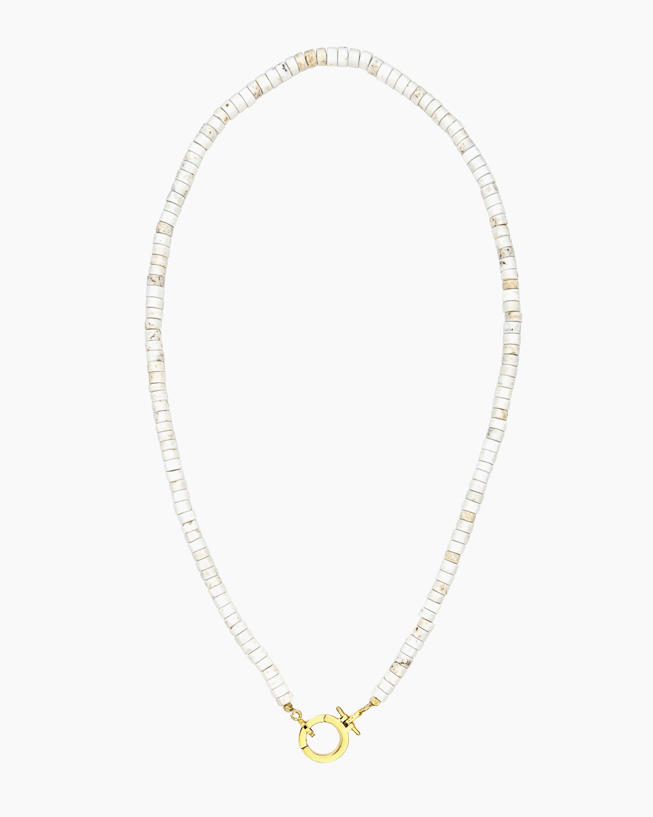 White turquoise heishi beaded charm holder necklace with front toggle ring hinged clasp