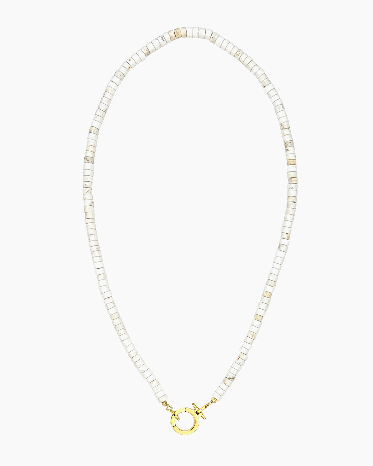 White turquoise heishi beaded charm holder necklace with front toggle ring hinged clasp