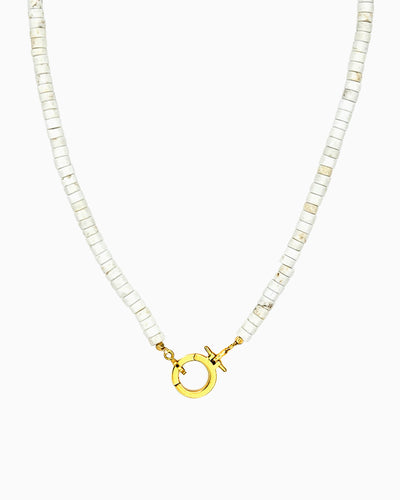 White turquoise heishi beaded charm holder necklace with front toggle ring hinged clasp