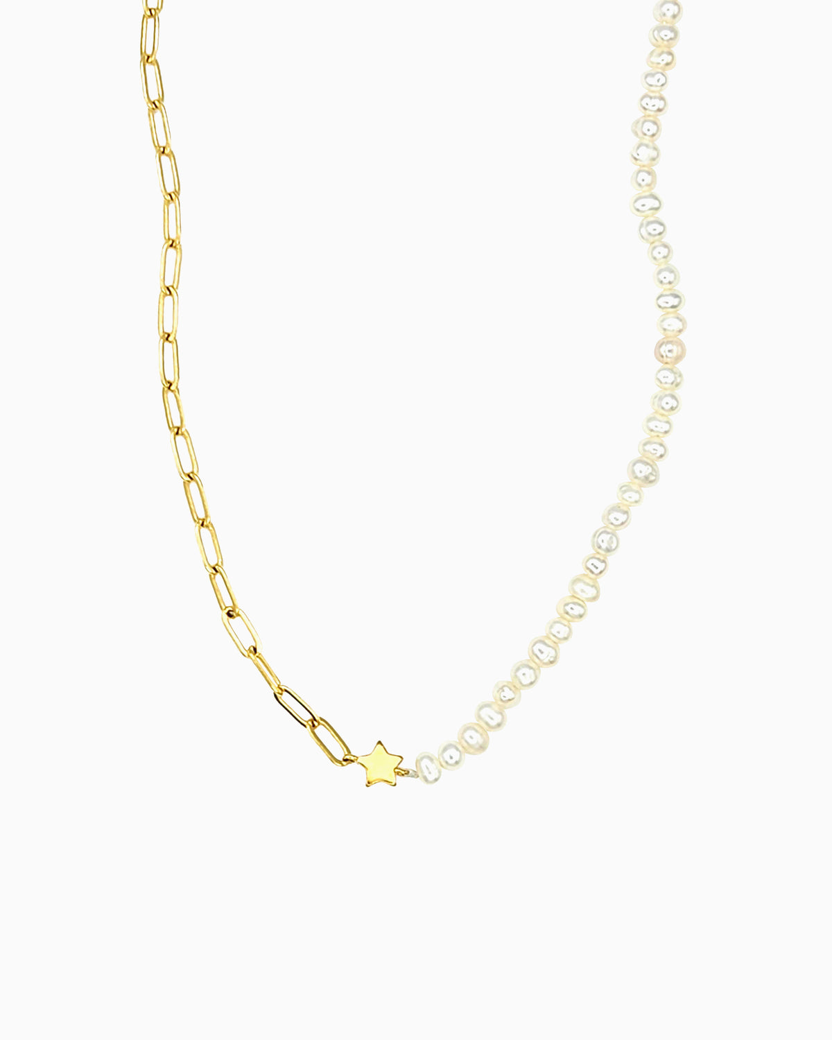 Pearl and paperclip chain necklace with a polished star centerpiece