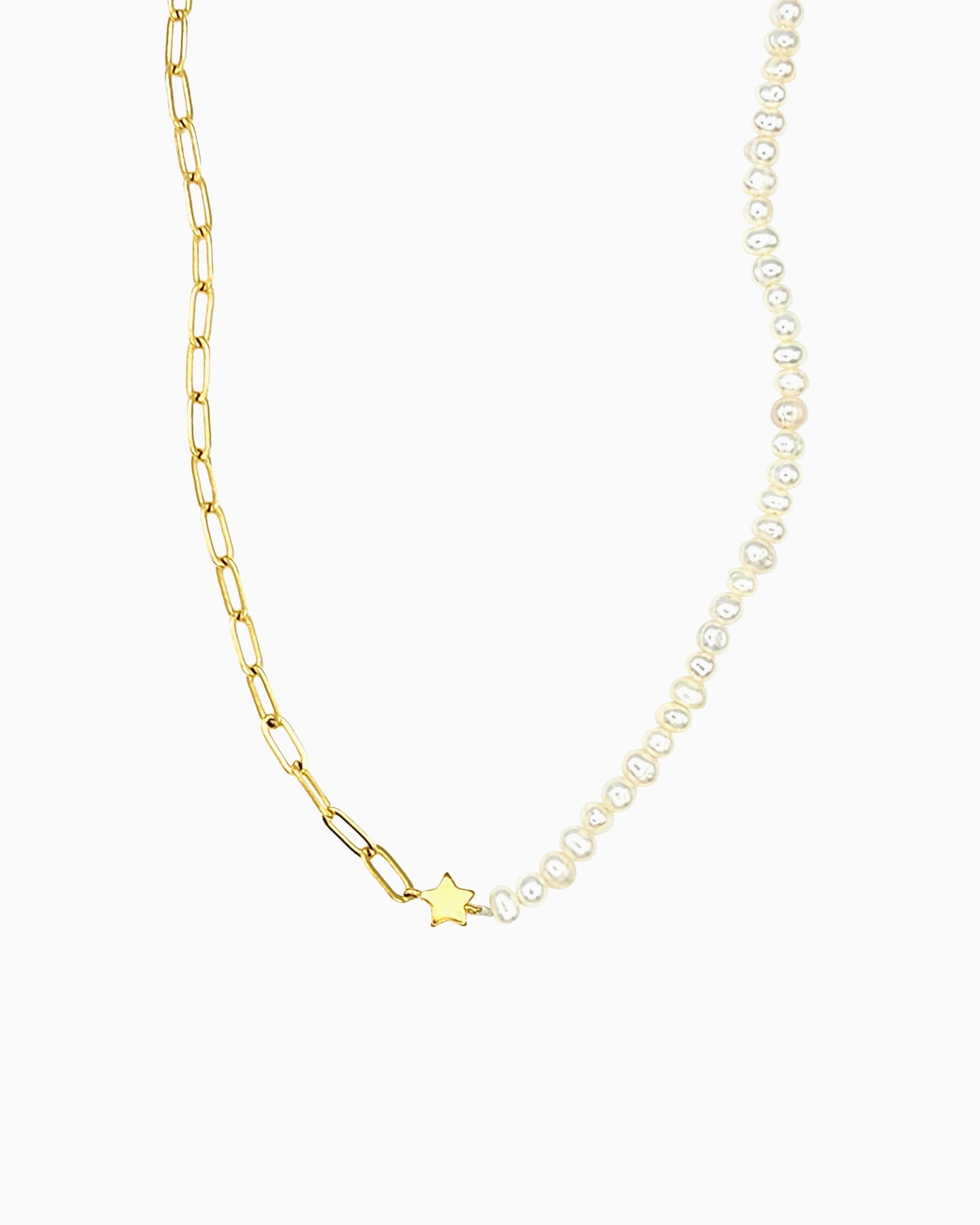 Pearl and paperclip chain necklace with a polished star centerpiece