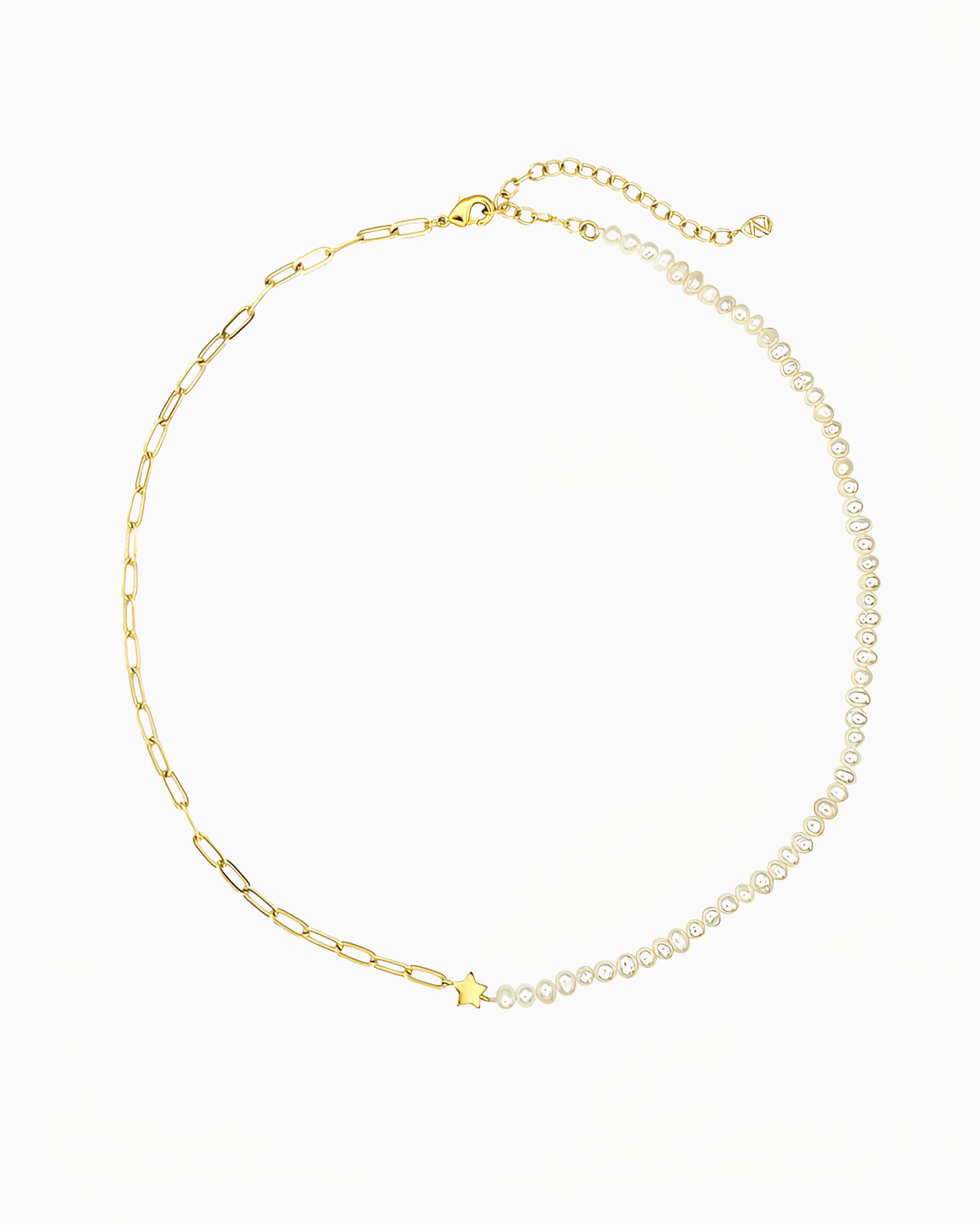 Pearl and paperclip chain necklace with a polished star centerpiece in gold finish