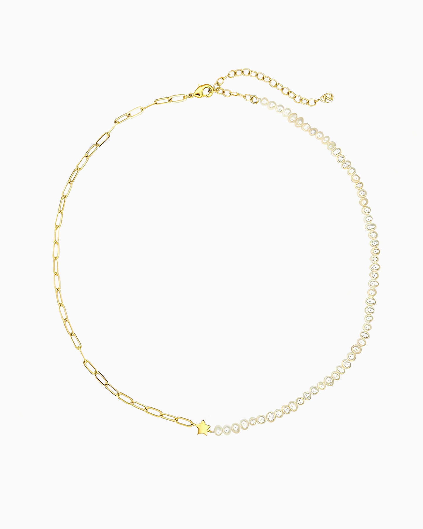 Pearl and paperclip chain necklace with a polished star centerpiece in gold finish