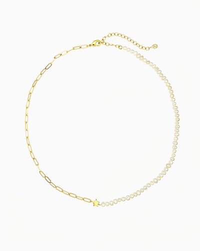 Pearl and paperclip chain necklace with a polished star centerpiece in gold finish