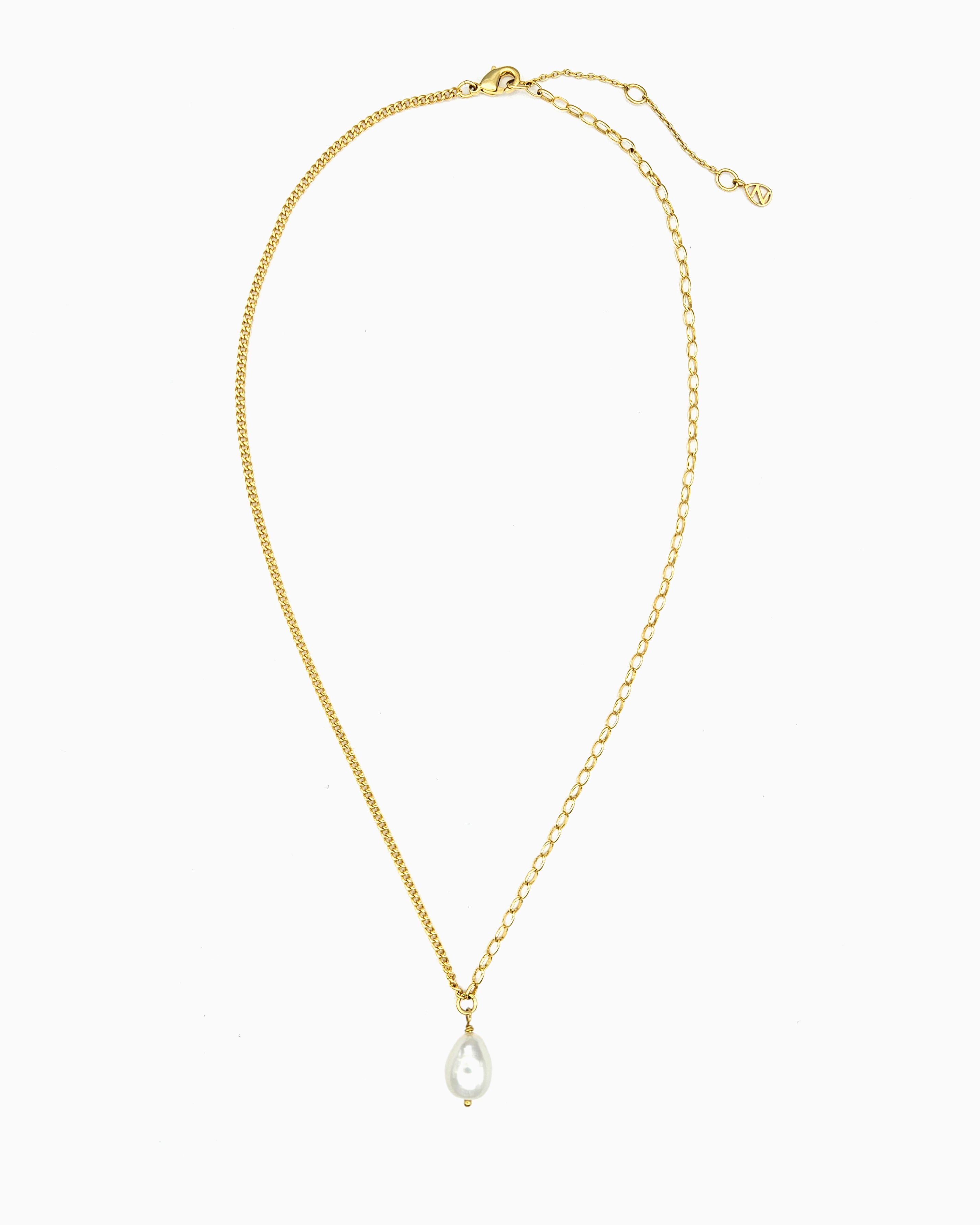 Pearl Drop Mixed Chain Necklace in gold finish