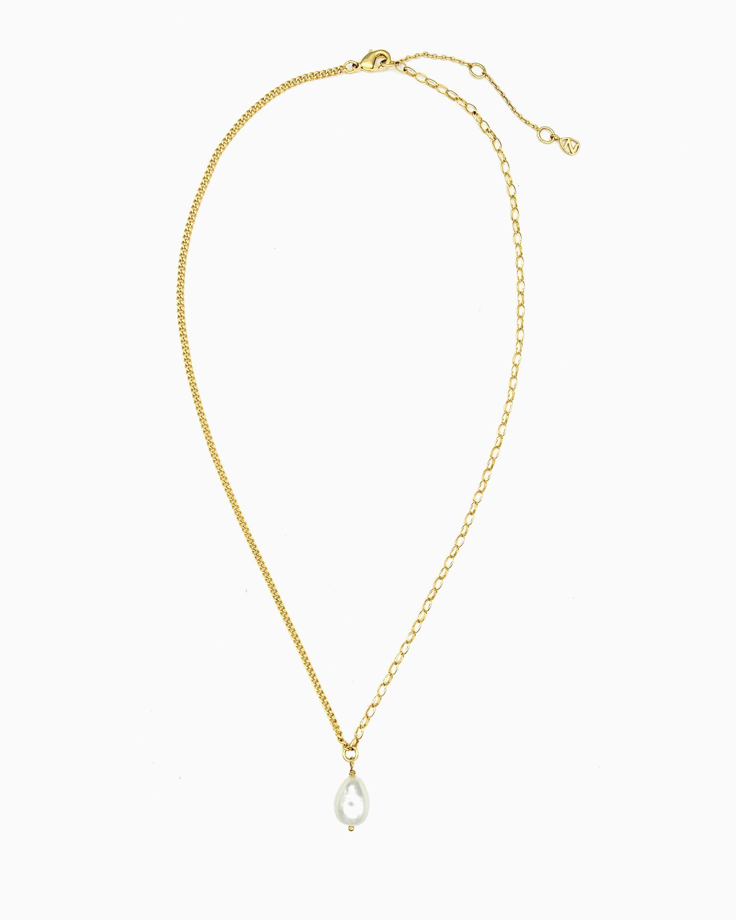 Pearl Drop Mixed Chain Necklace in gold finish