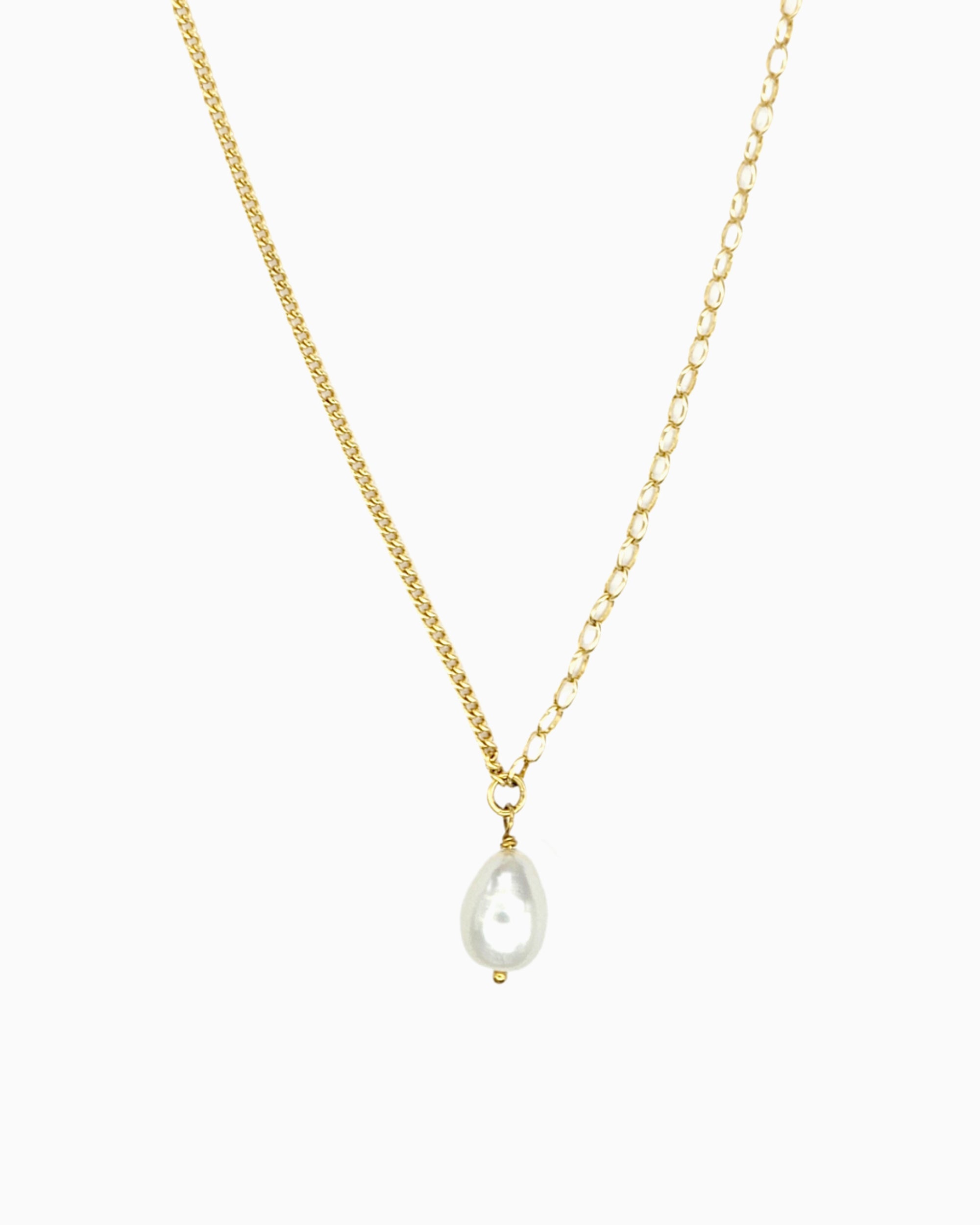 Pearl Drop Mixed Chain Necklace in gold finish