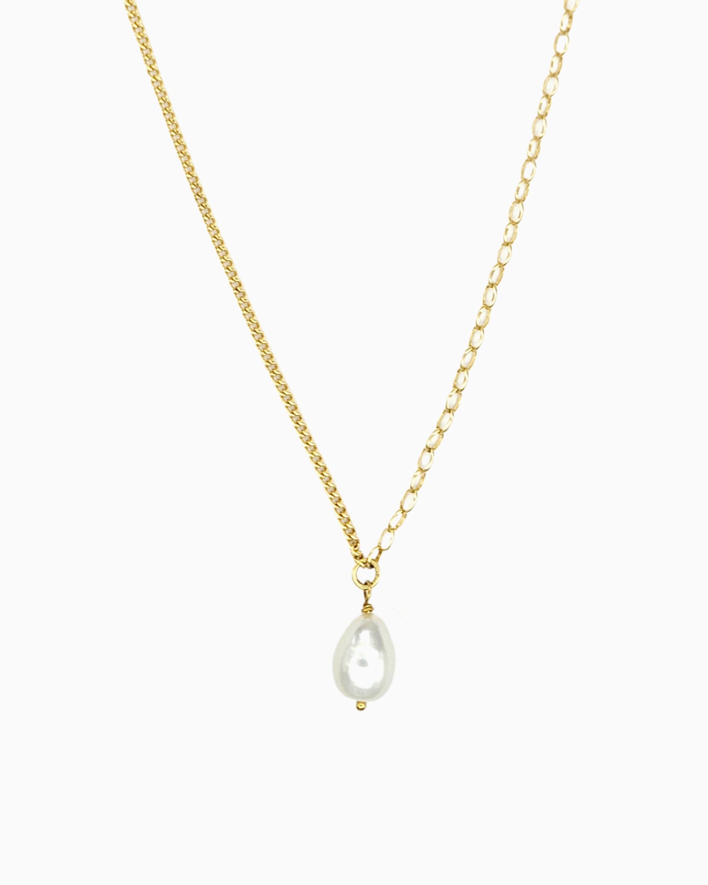 Pearl Drop Mixed Chain Necklace in gold finish