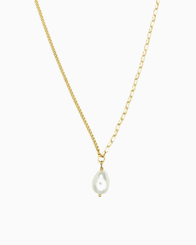 Pearl Drop Mixed Chain Necklace in gold finish