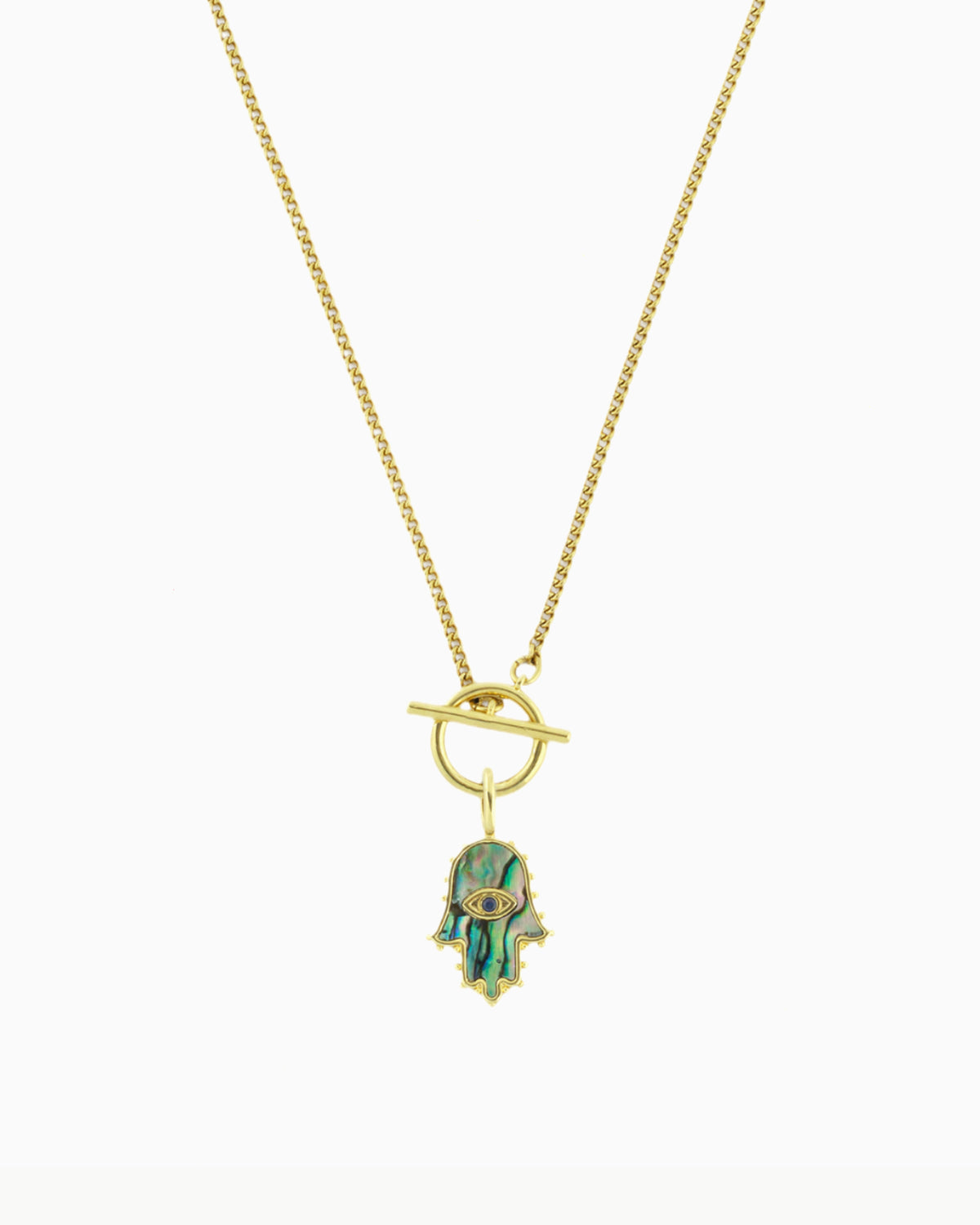 gold pvd plated hamsa hand toggle necklace