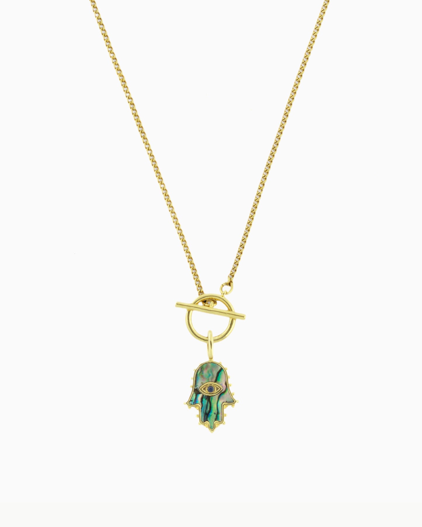 gold pvd plated hamsa hand toggle necklace