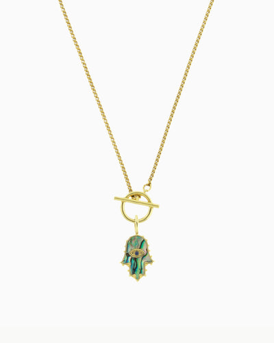 gold pvd plated hamsa hand toggle necklace