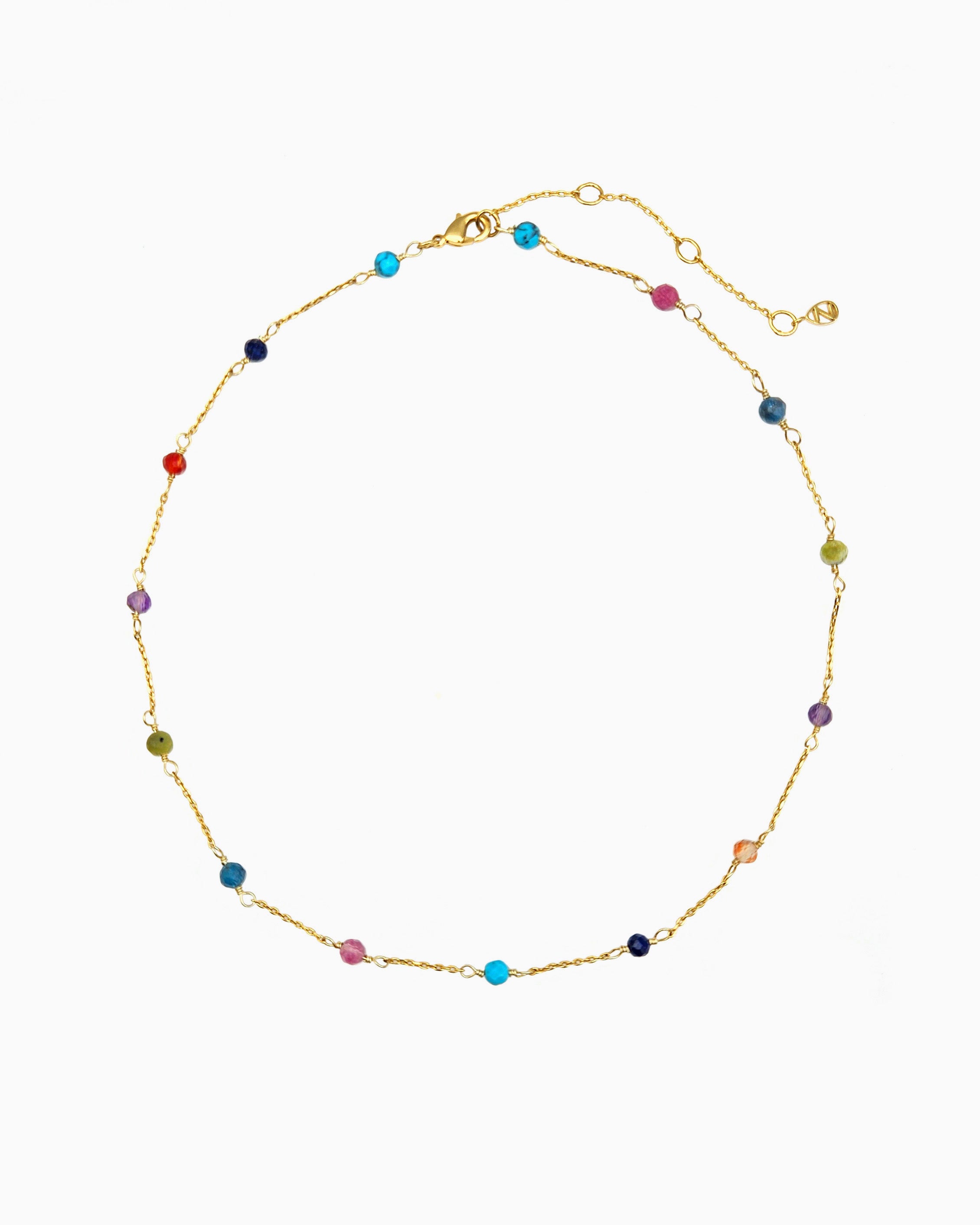 gold pvd plated necklace with multicolored gemstone beads