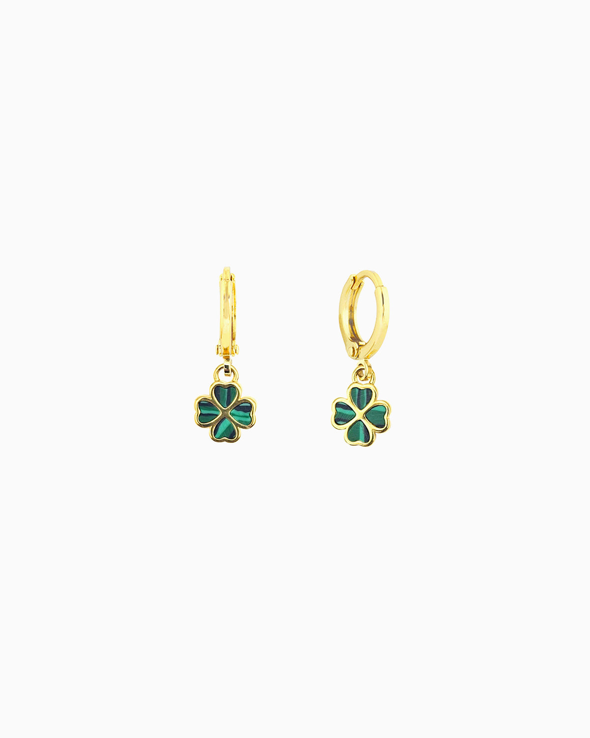 gold pvd plated malacite inlay four-leaf clover huggie earrings
