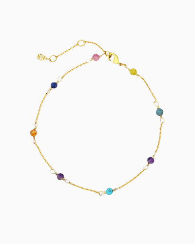 Multi-stone station anklet with colorful semi-precious stone beads and gold chain