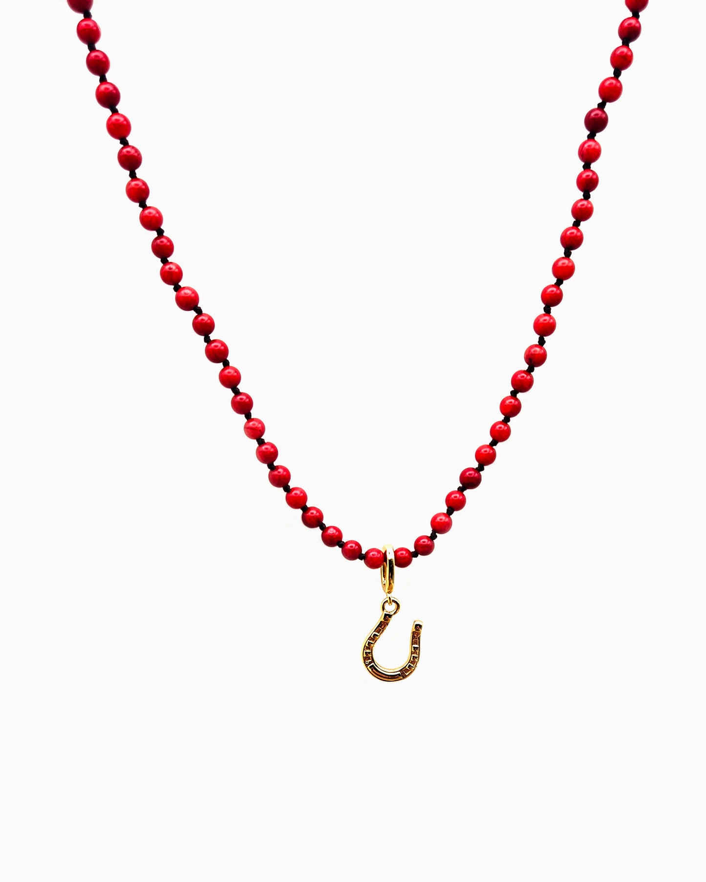 RED CORAL BEADED NECKLACE WITH HORESESHOE CLIP-ON CHARM