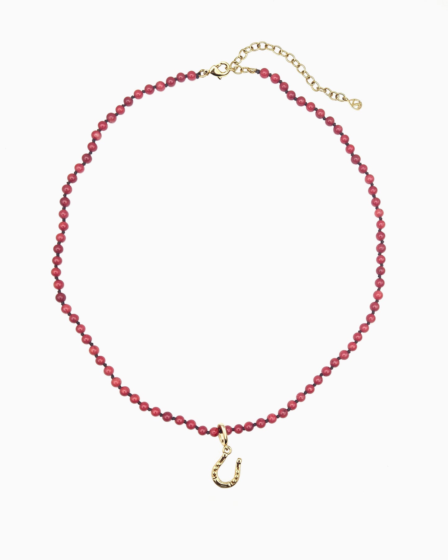 gold pvd plated red coral beaded necklace with clip-on horseshoe charm