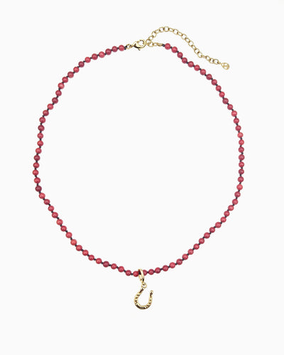 gold pvd plated red coral beaded necklace with clip-on horseshoe charm