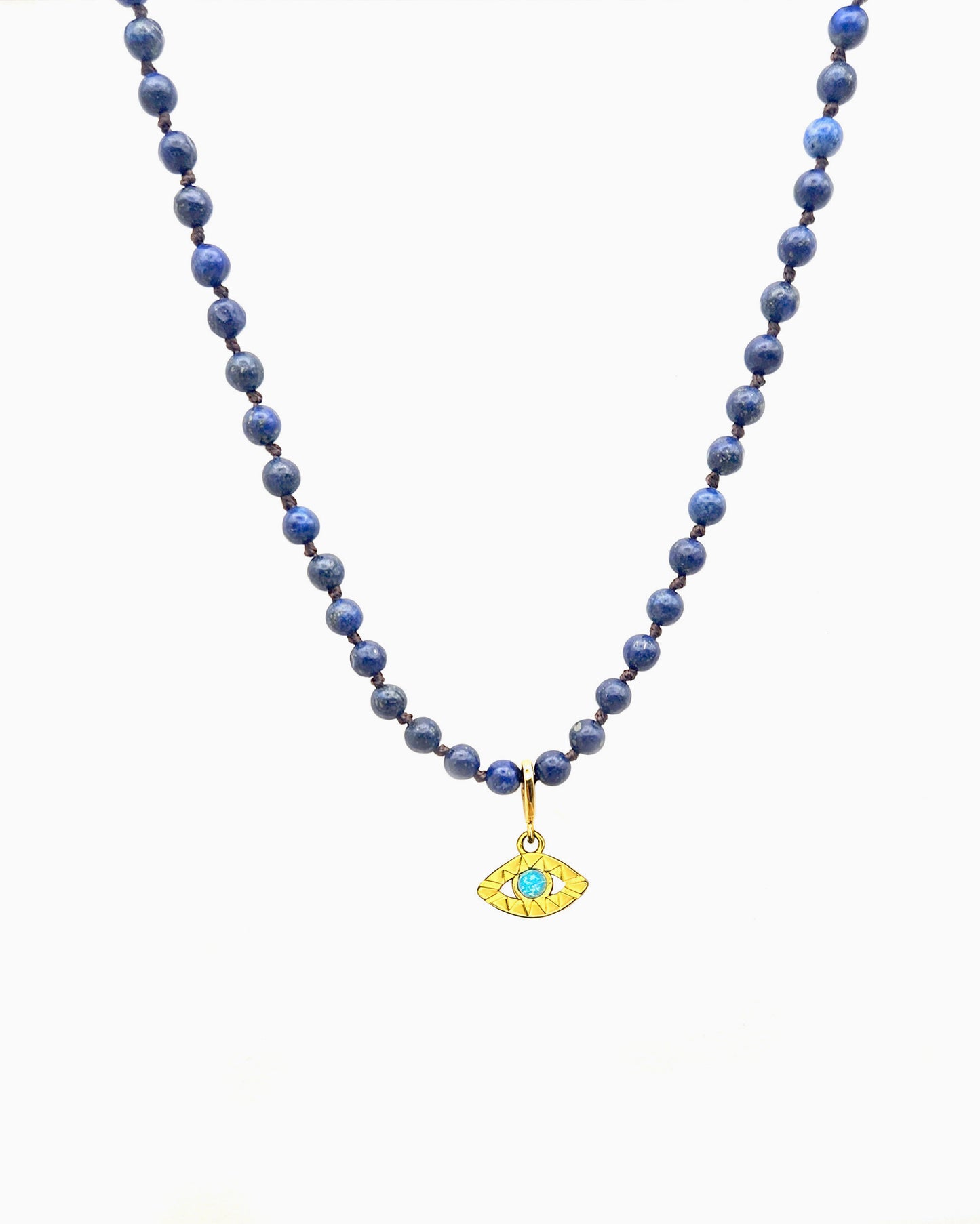LAPIS BEADED NECKLACE WITH EVIL EYE CLIP-ON CHARM