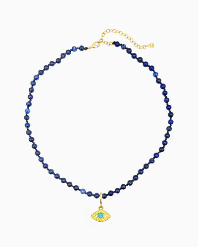 LAPIS BEADED NECKLACE WITH EVIL EYE CLIP-ON CHARM