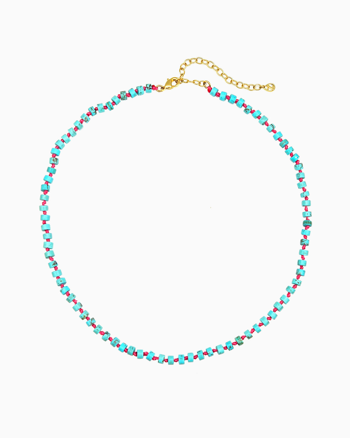 gold pvd plated hand-knotted turquoise beaded necklace using pink thread
