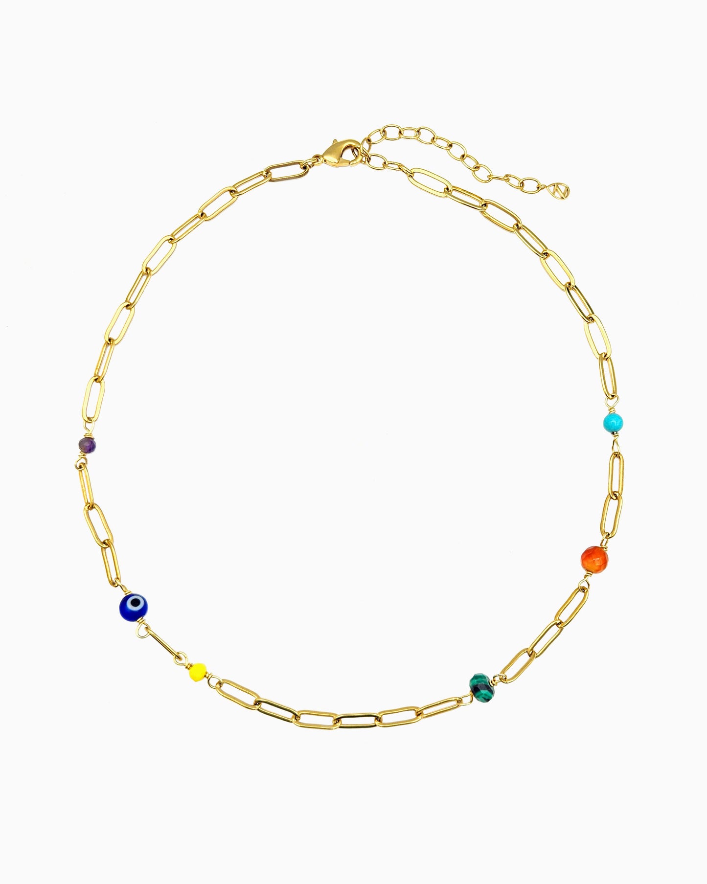 gold  plated paperclip chain necklace with colorful gemstone beads 