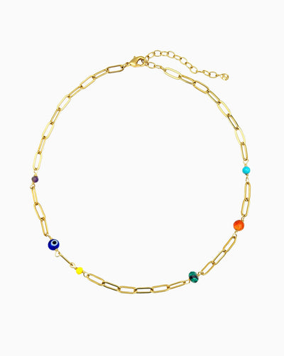 gold  plated paperclip chain necklace with colorful gemstone beads 