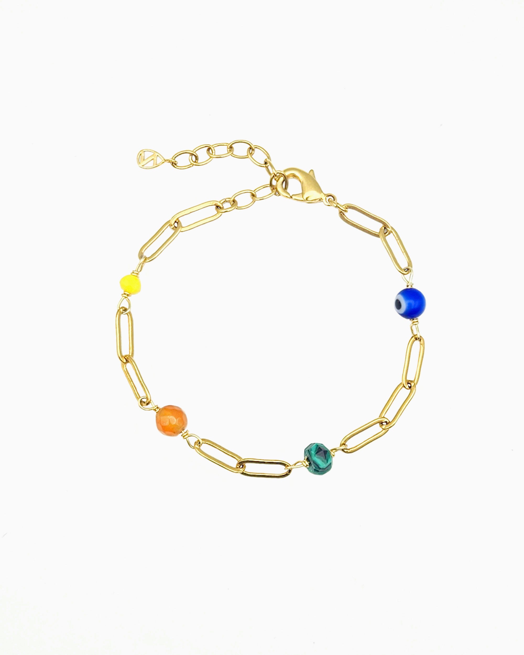 gold pvd plated paperclip chain bracelet  with colorful gemstone beads 