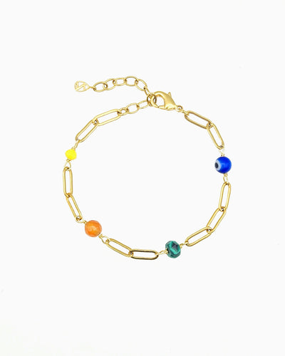 gold pvd plated paperclip chain bracelet  with colorful gemstone beads 