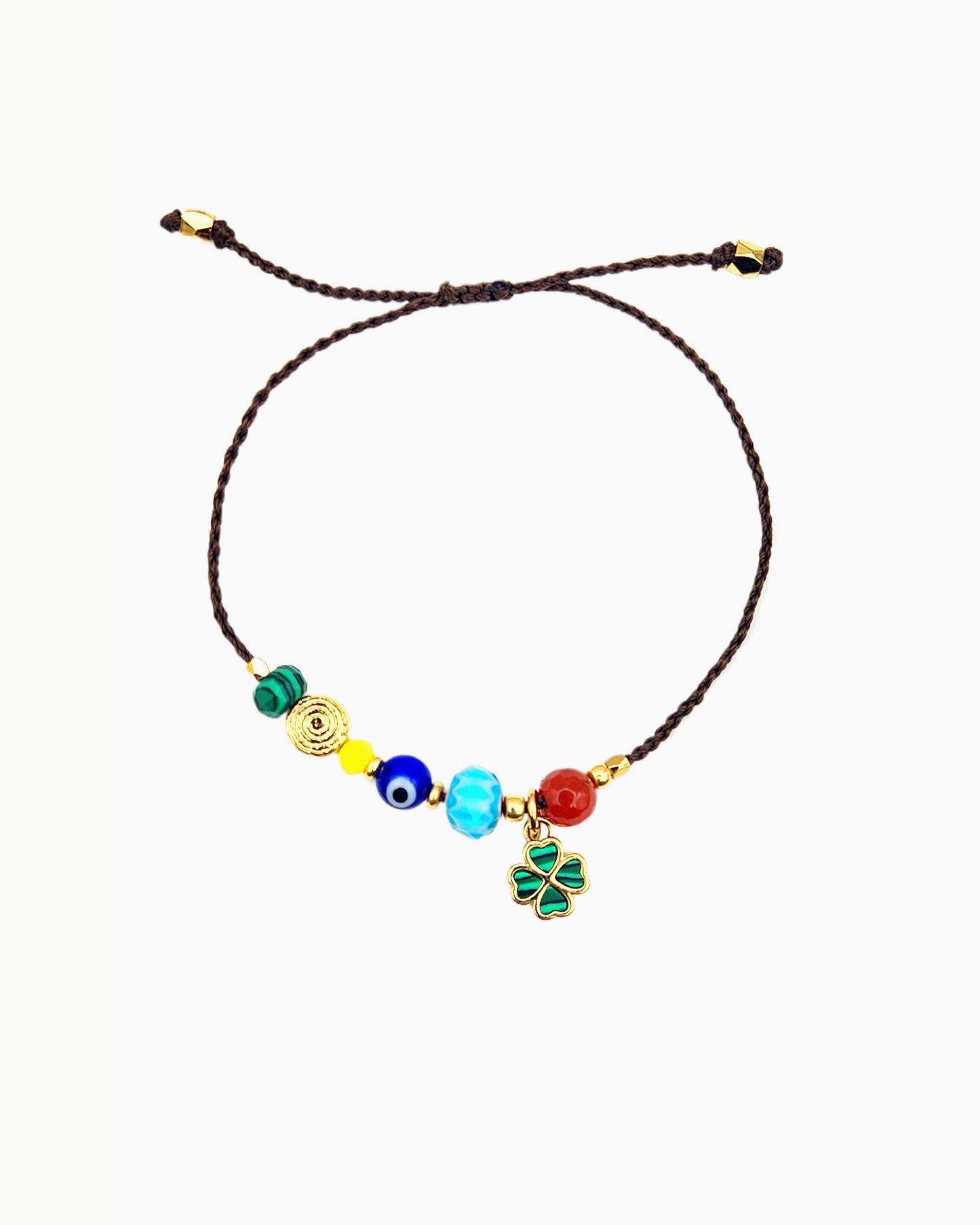 gold pvd plated bracelet with colorful beads and clover charm