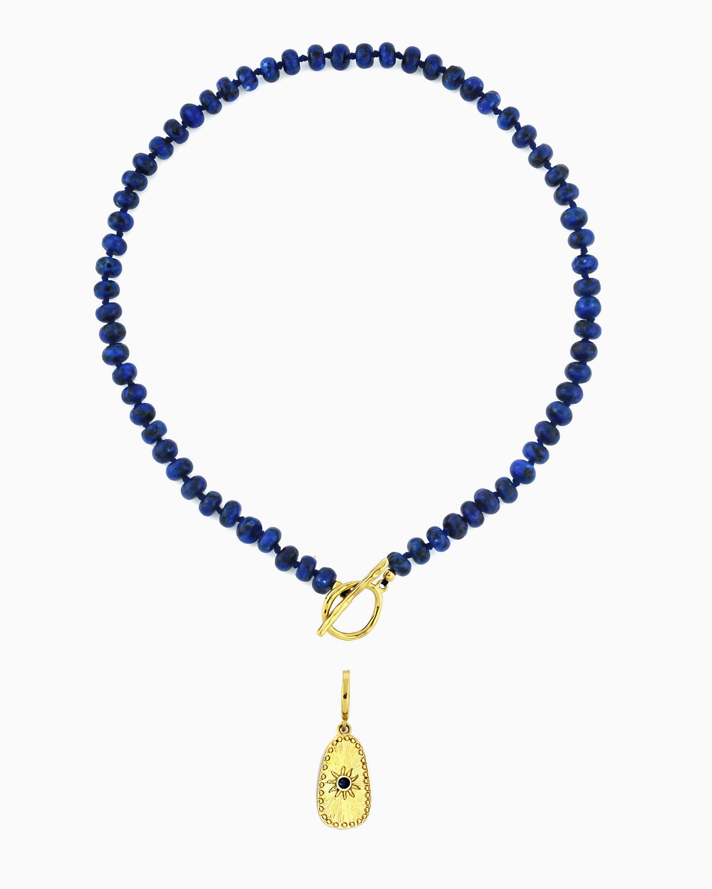 LAPIS BEADED NECKLACE WITH MIDNIGHT SUN CLIP-ON CHARM