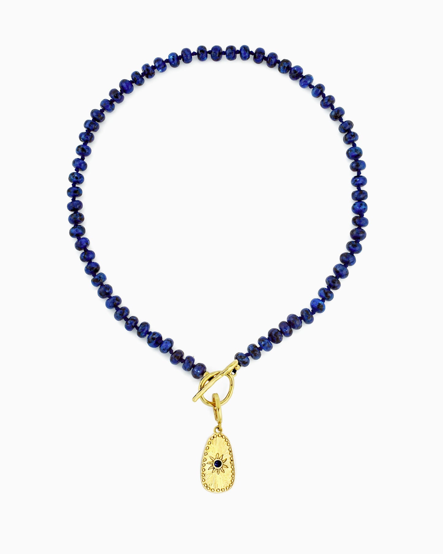 gold pvd plated lapis lazuli beaded necklace with clip-on midnight sun Charm