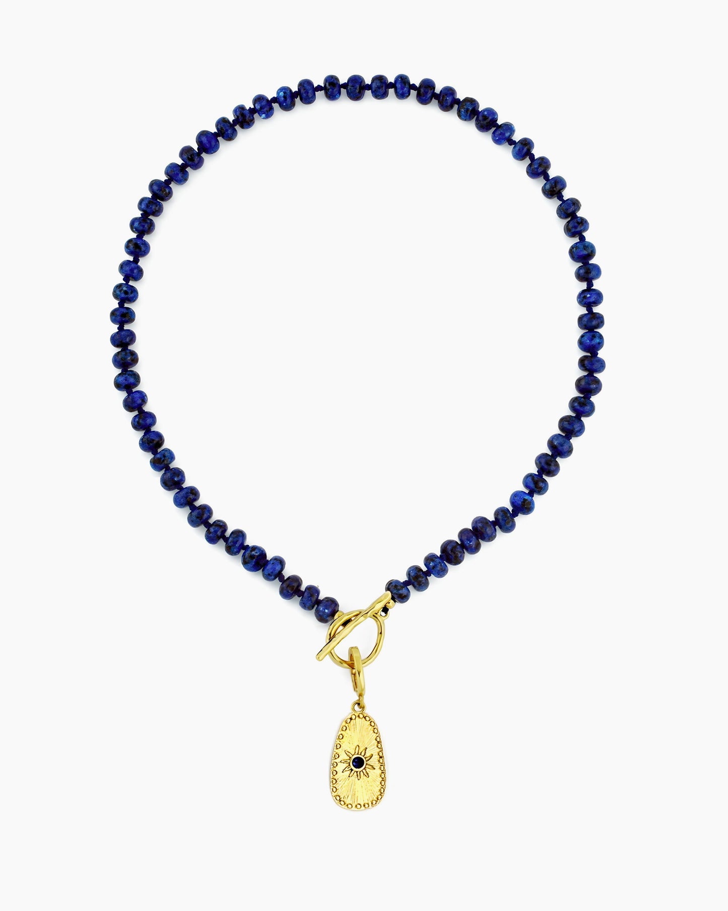 LAPIS BEADED NECKLACE WITH MIDNIGHT SUN CLIP-ON CHARM