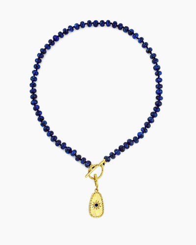 LAPIS BEADED NECKLACE WITH MIDNIGHT SUN CLIP-ON CHARM