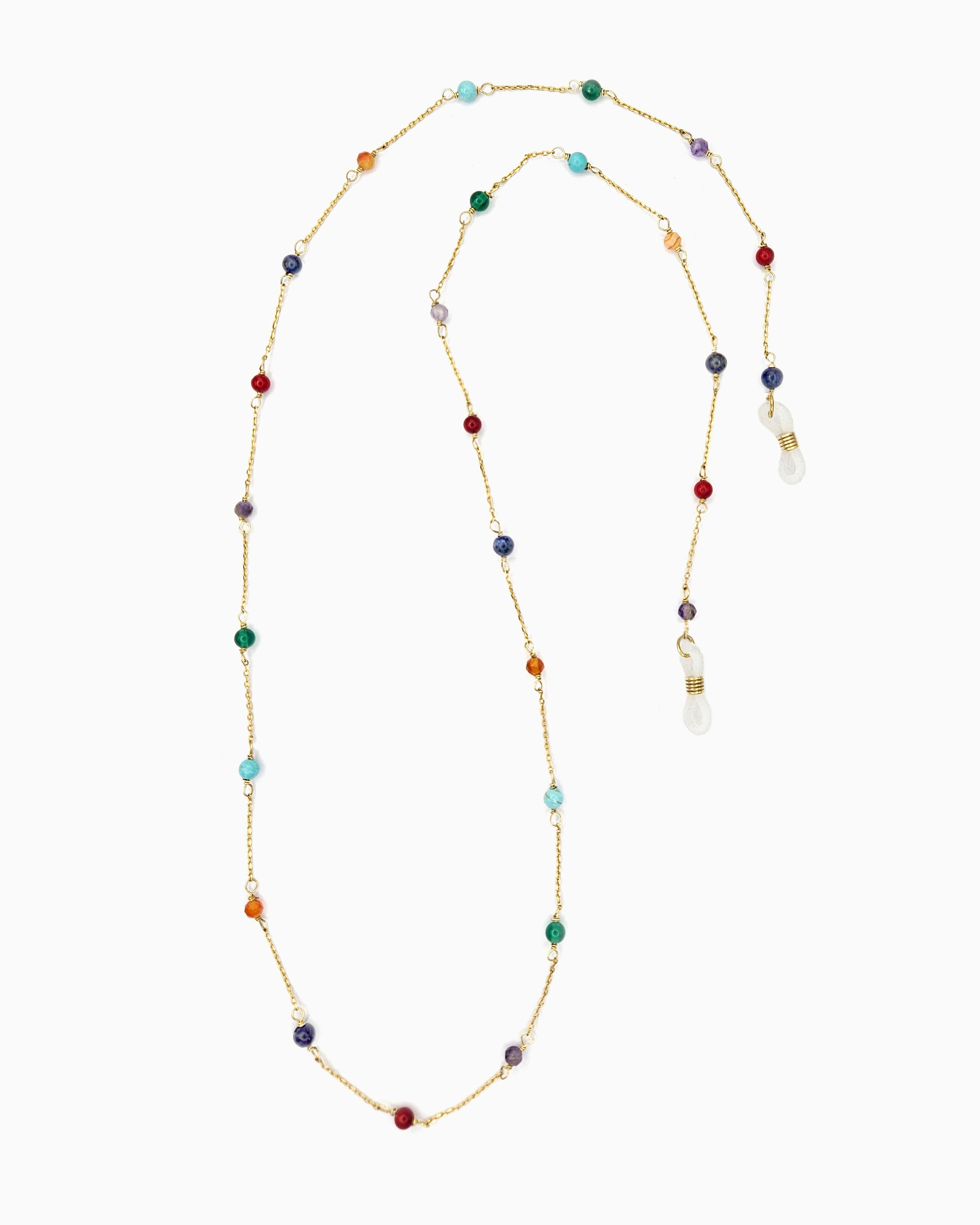 Harmony Stone sunglass chain with colorful healing stone beads and gold chain