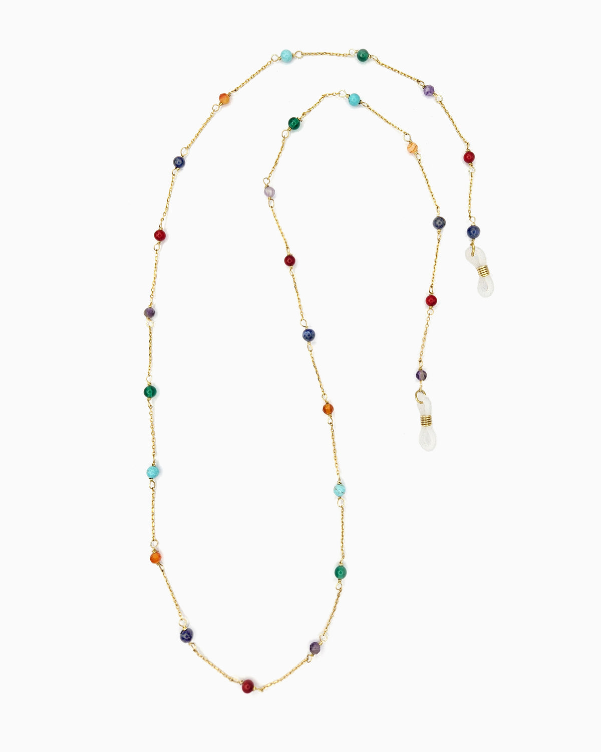Harmony Stone sunglass chain with colorful healing stone beads and gold chain