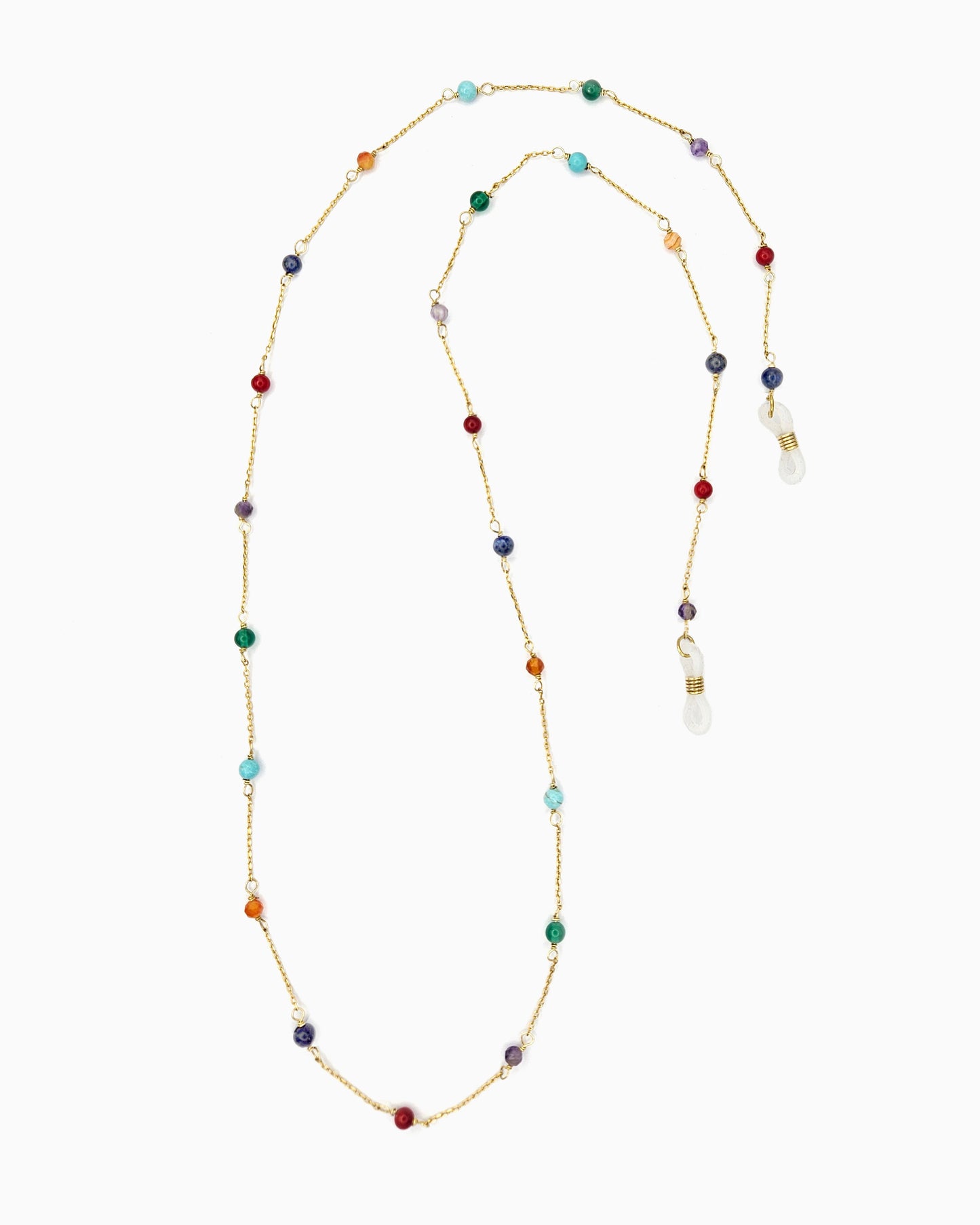 Harmony Stone sunglass chain with colorful healing stone beads and gold chain