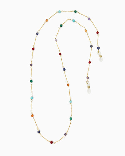 Harmony Stone sunglass chain with colorful healing stone beads and gold chain